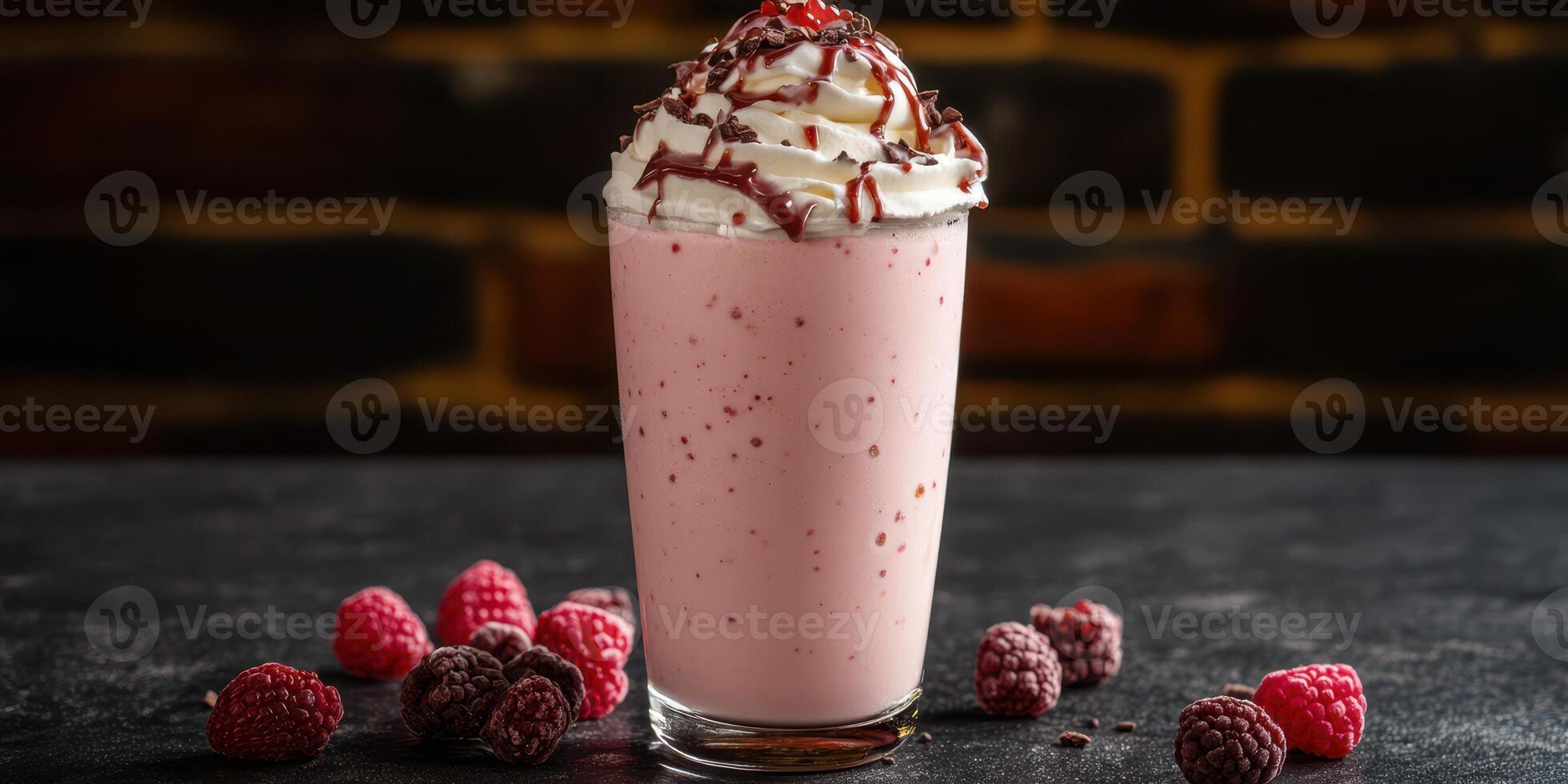 Indulgent milkshake topped with whipped cream and chocolate drizzle on a rustic background photo