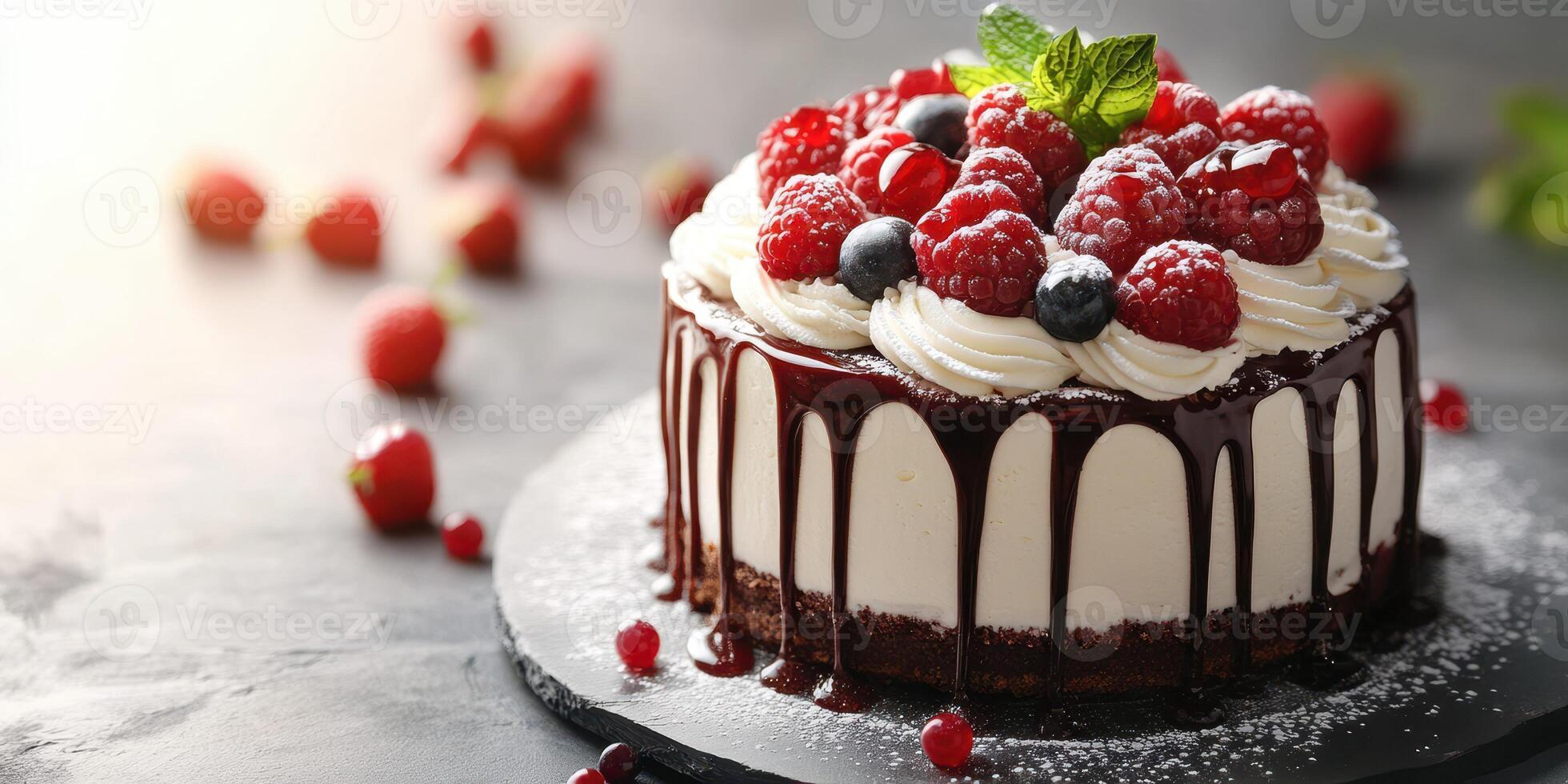 Delicious cake topped with fresh raspberries and blueberries in a soft lighting setting photo