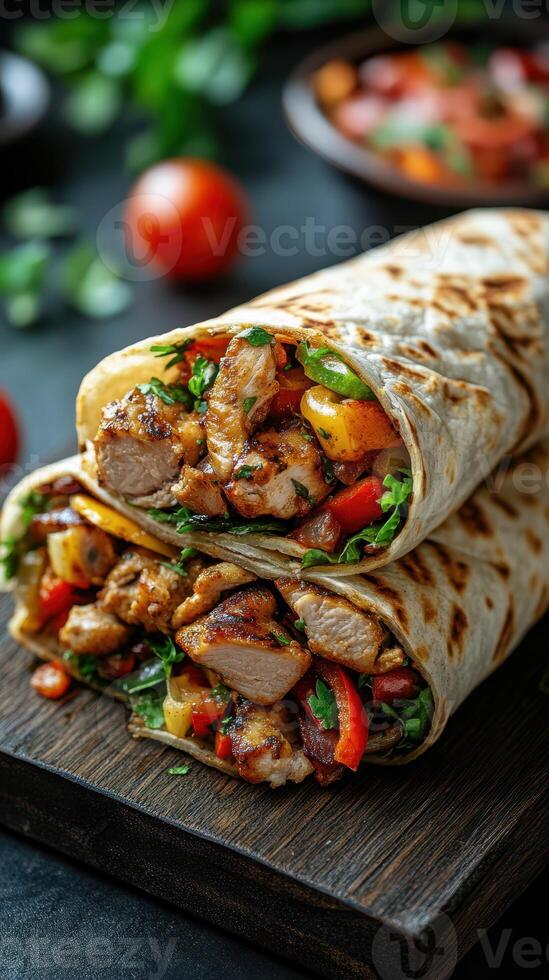 Grilled chicken wraps with fresh vegetables and herbs on a wooden serving board at a cozy dining setting photo