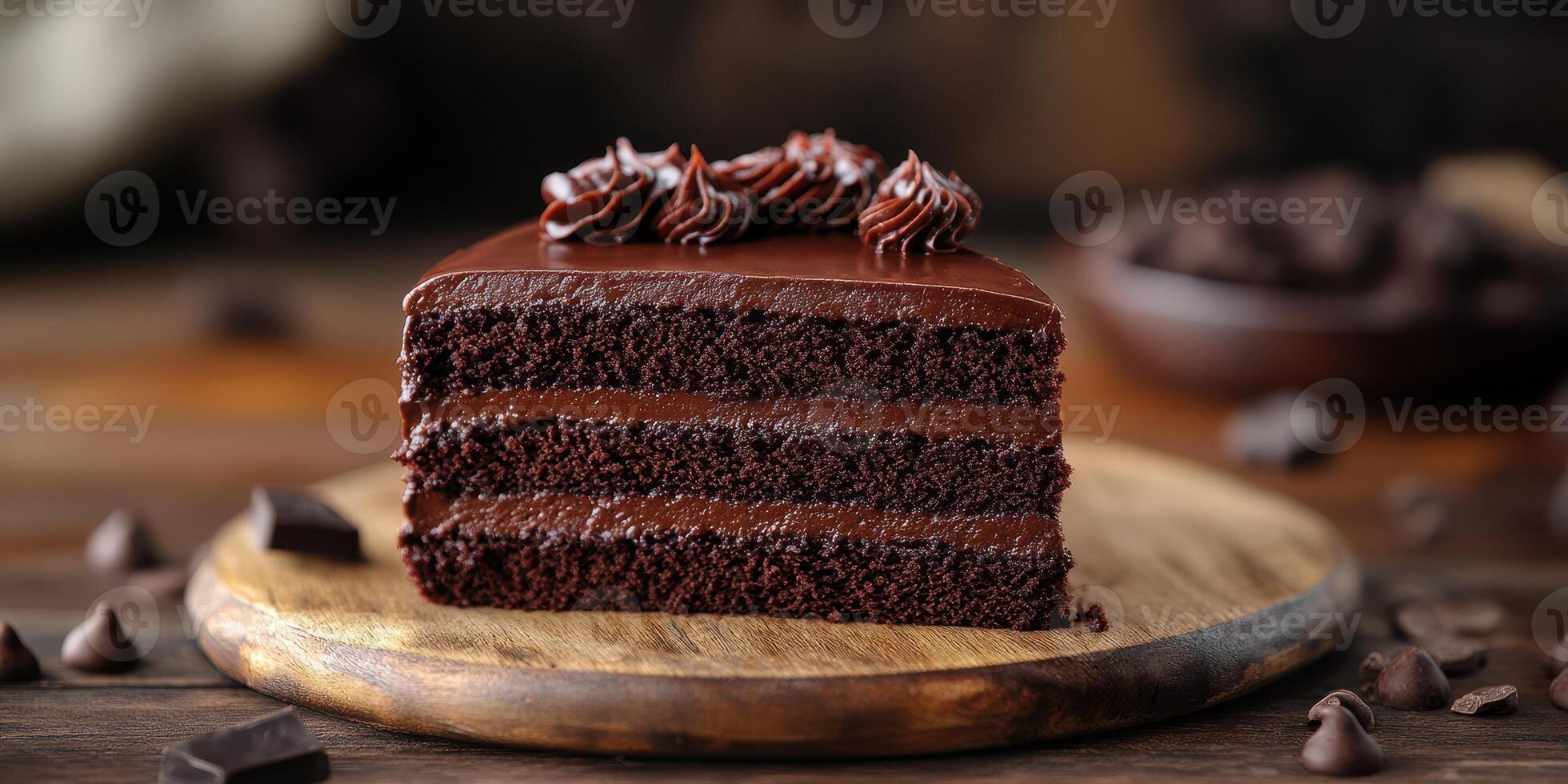 Decadent chocolate layer cake on wooden board with rich frosting and chocolate chips photo