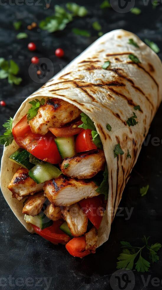 Delicious grilled chicken wrap filled with fresh vegetables and herbs on a rustic table photo