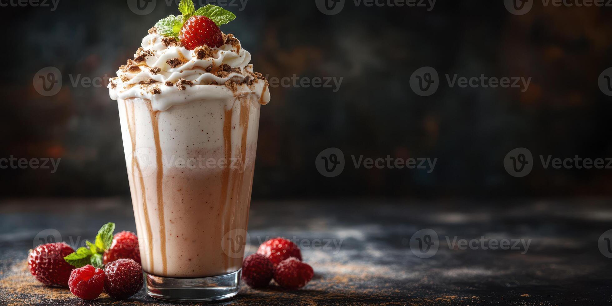 Delicious milkshake topped with whipped cream, chocolate, and fresh berries on a dark background in a cozy setting photo