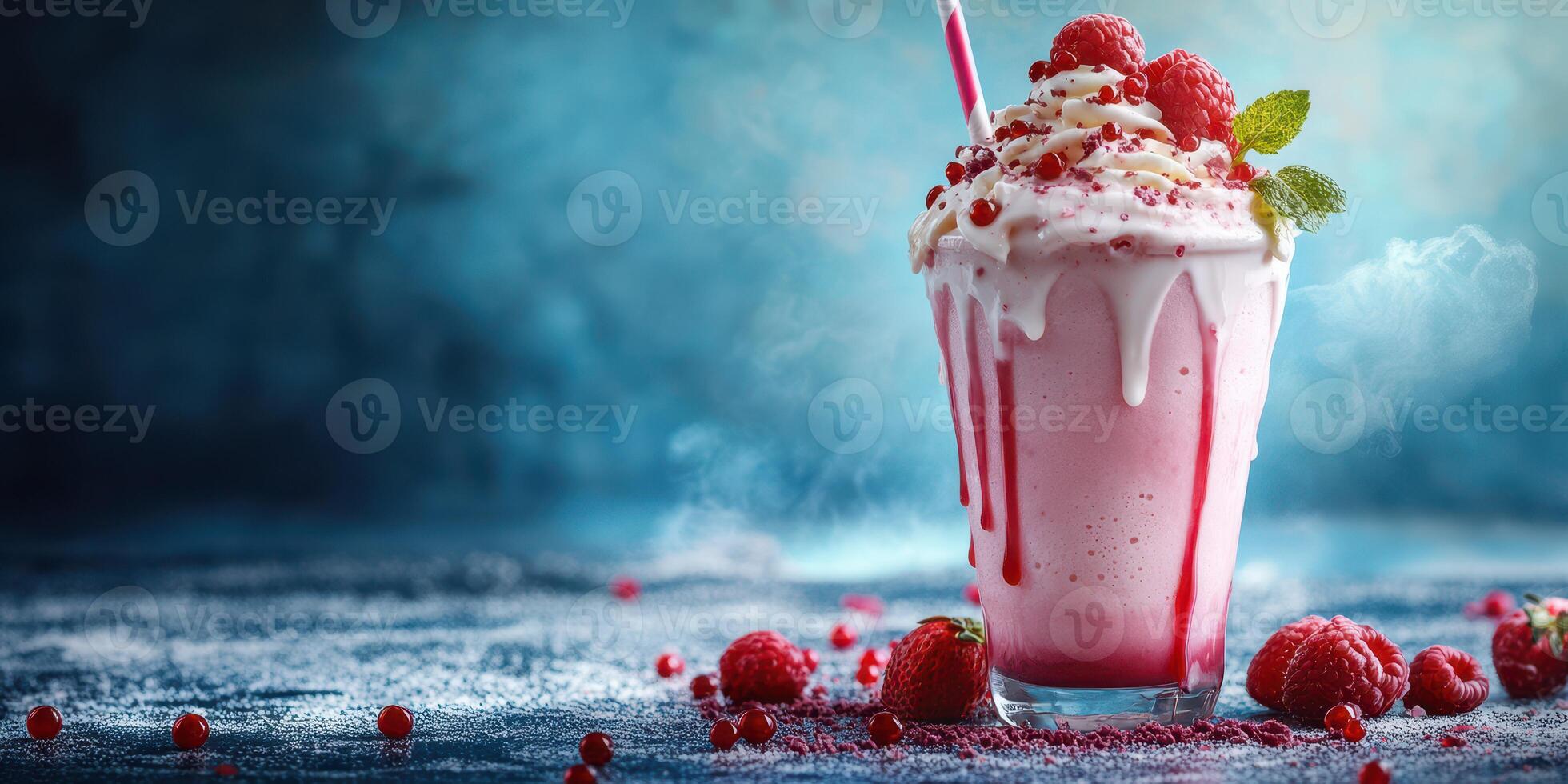 Refreshing raspberry milkshake adorned with whipped cream and fresh berries served against a vibrant blue background photo