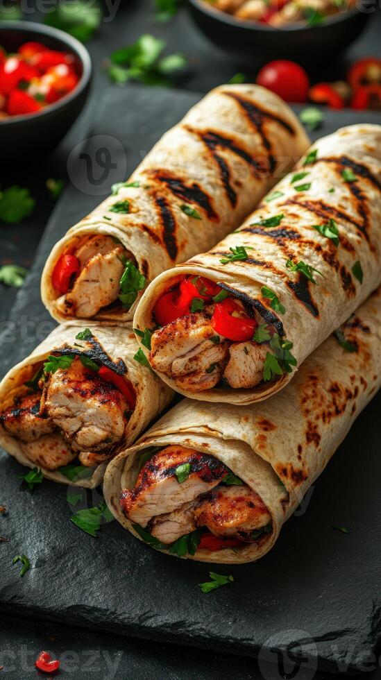 Delicious grilled chicken wraps with fresh vegetables and herbs served on a slate platter at a cozy gathering photo