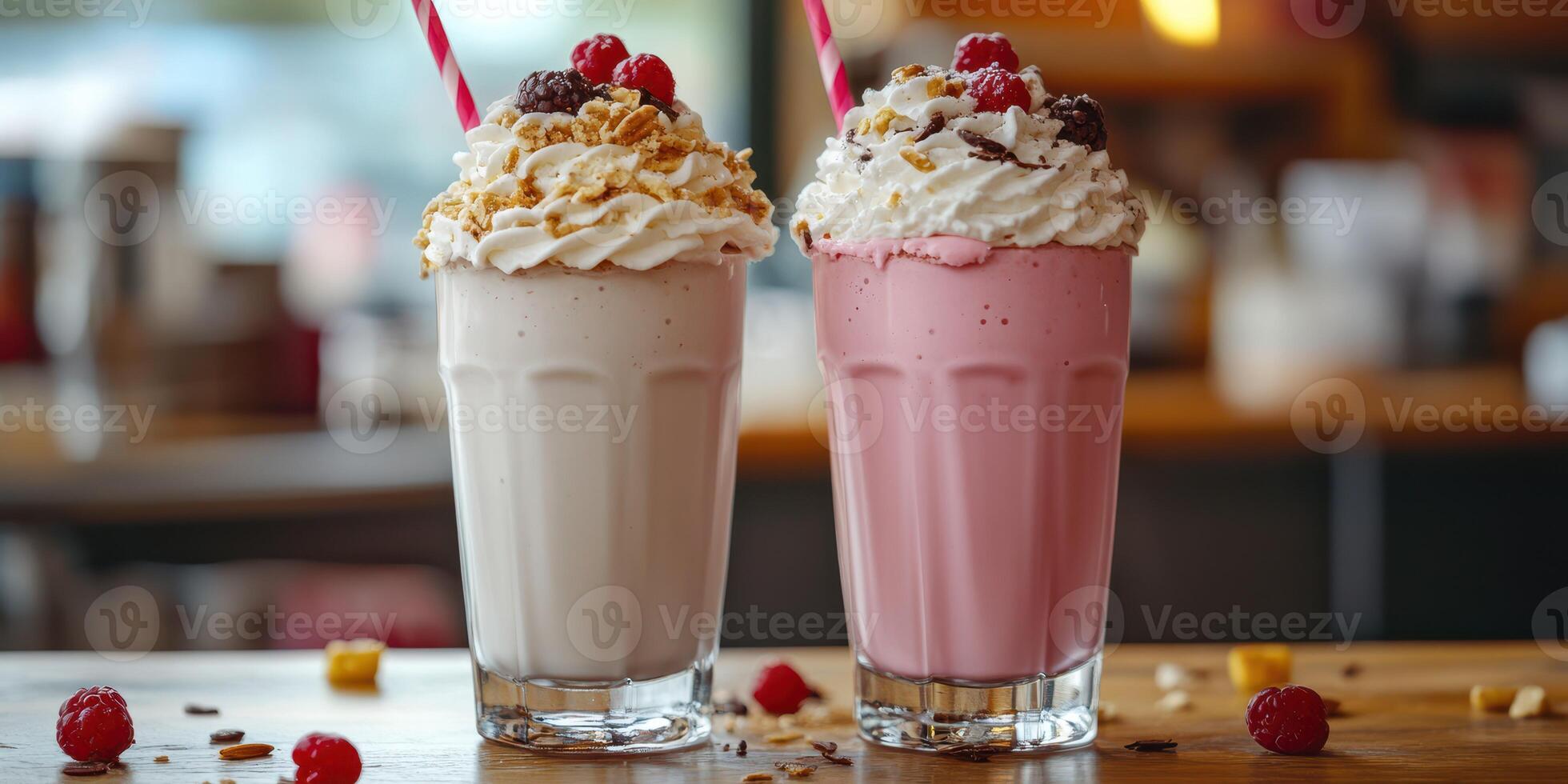 Delicious milkshakes topped with whipped cream and berries served in glasses on a wooden table at a casual eatery photo