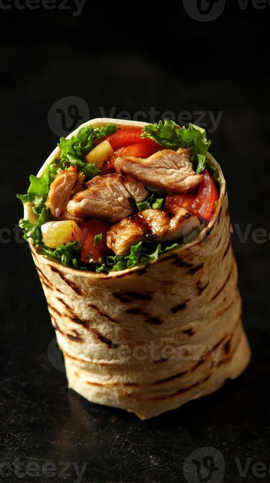 Freshly grilled chicken wrap with vibrant vegetables and crisp lettuce in a toasted tortilla photo