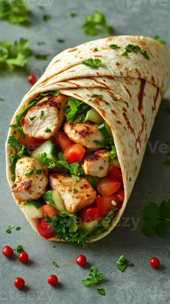 Grilled chicken wrap filled with fresh vegetables and herbs served for a healthy meal option photo
