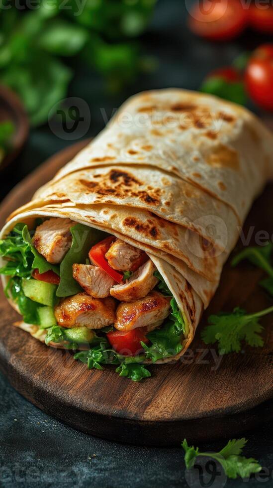 Fresh chicken wrap with crisp vegetables served on a wooden board in a cozy dining setting photo