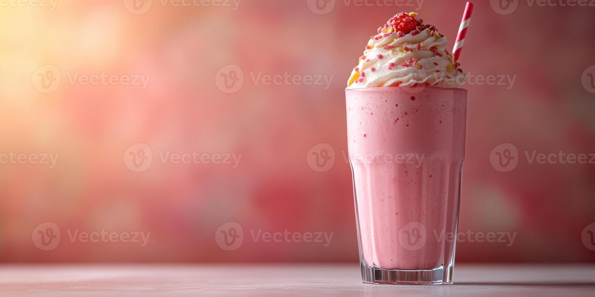Delicious strawberry milkshake topped with whipped cream and sprinkles in a clear glass photo