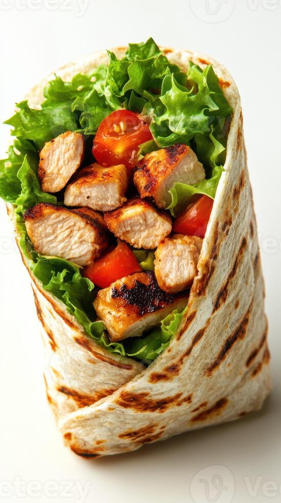 Grilled chicken wrap filled with fresh lettuce and cherry tomatoes served on a white background photo