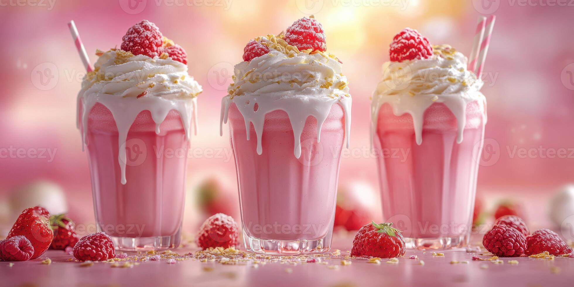 Colorful raspberry milkshakes served in tall glasses with whipped cream on a pink background photo