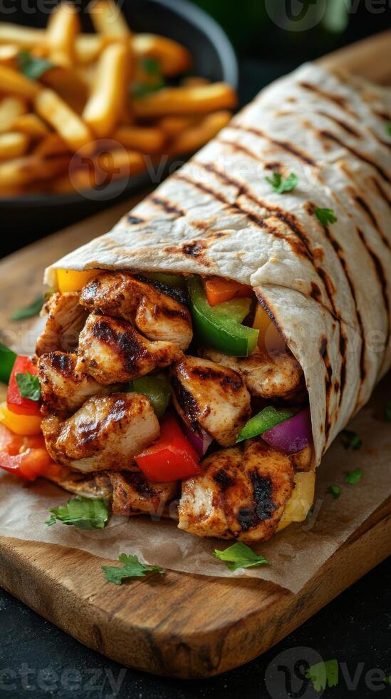 Grilled chicken wrap filled with colorful vegetables served alongside crispy fries photo