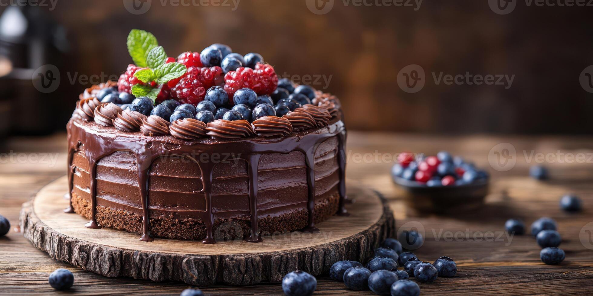 Delicious chocolate cake topped with fresh raspberries and blueberries on a wooden table in a cozy setting photo