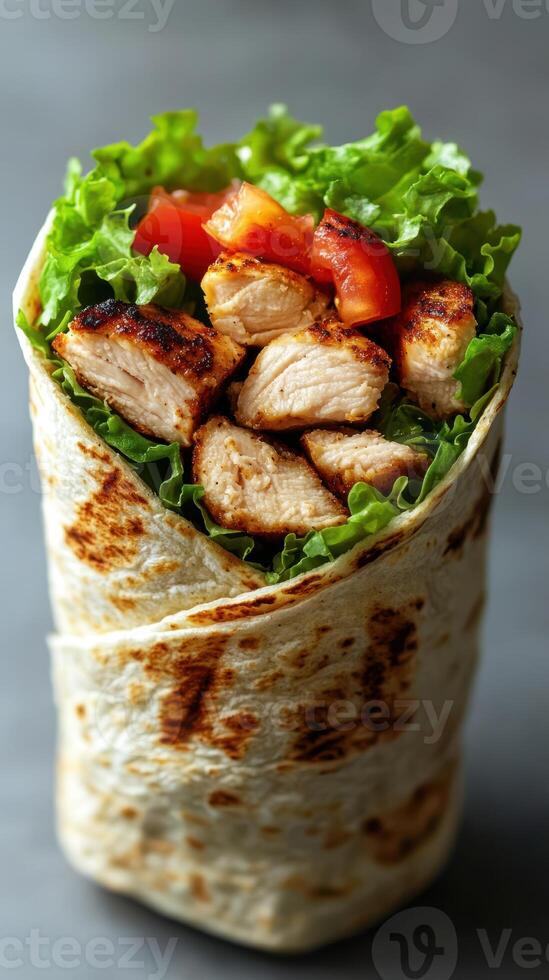 Grilled chicken wrap with fresh lettuce and tomatoes served on a soft tortilla in a casual setting photo