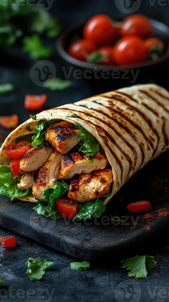 Grilled chicken wrap with fresh vegetables served on a dark stone plate photo