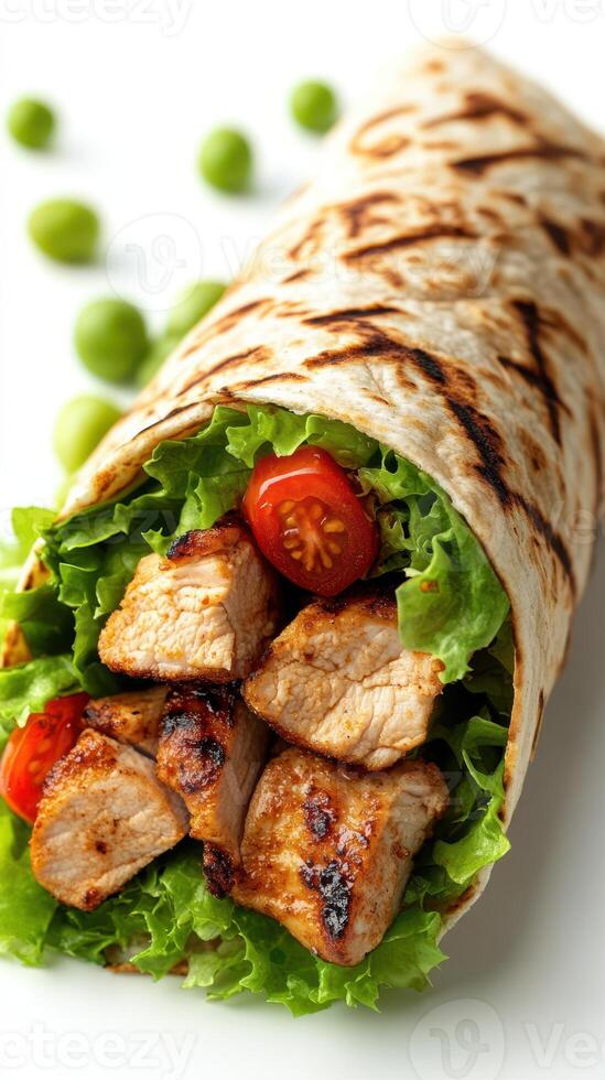 Grilled chicken wrap filled with fresh ingredients and cherry tomatoes at a modern food setting photo