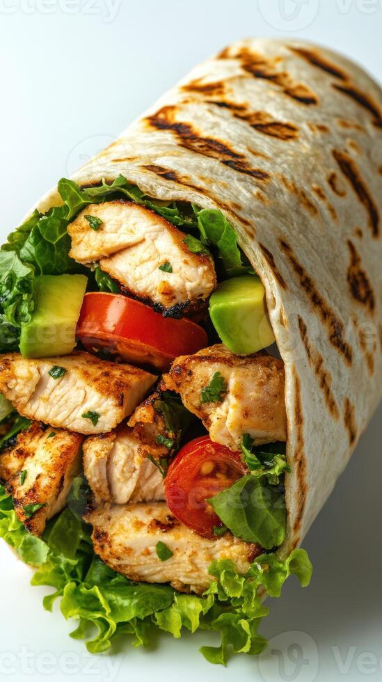 Freshly made chicken wrap with vegetables and grilled tortilla for a healthy meal option photo
