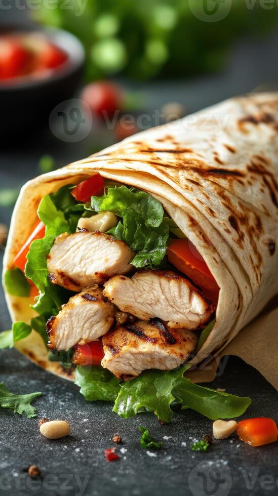 Grilled chicken wrap filled with fresh vegetables served on a slate background photo