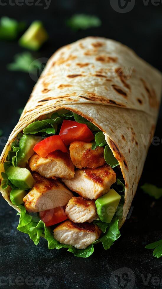 Delicious chicken wrap filled with fresh vegetables served on a dark background during lunchtime preparation photo