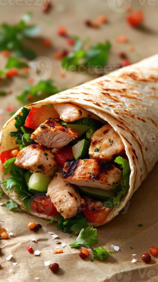 Grilled chicken wrap filled with fresh vegetables and herbs, served on parchment paper photo