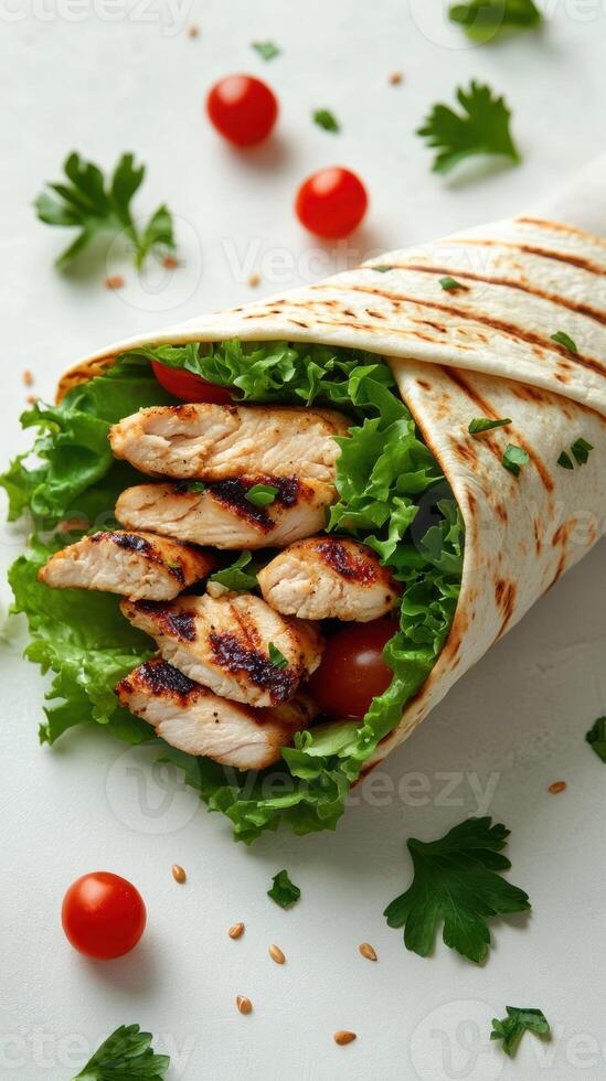 Grilled Chicken Wrap with Fresh Vegetables Prepared on a White Surface photo
