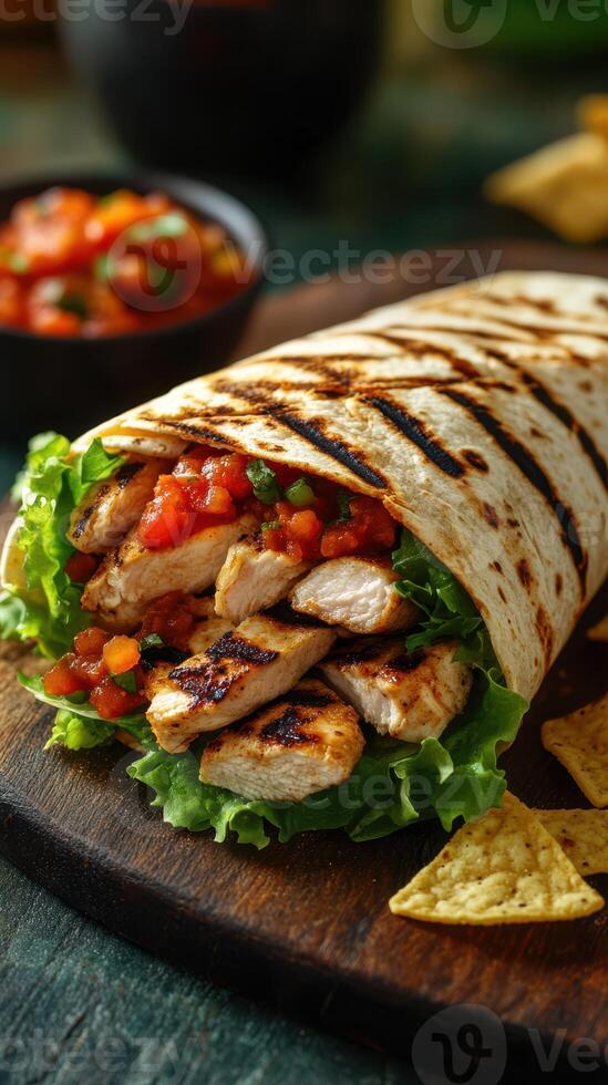 Grilled chicken wrap with fresh salsa served with tortilla chips on a wooden board photo
