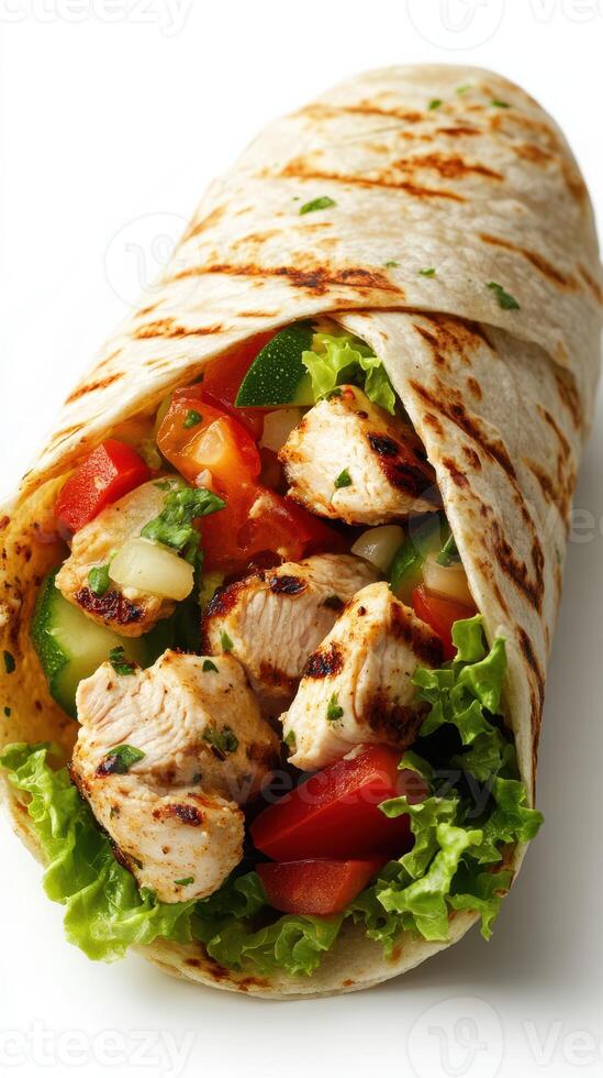 Delicious chicken wrap with fresh vegetables and tortillas prepared in a bright kitchen setting photo