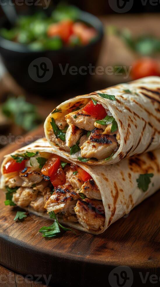 Grilled chicken wraps filled with fresh vegetables served on a wooden board photo
