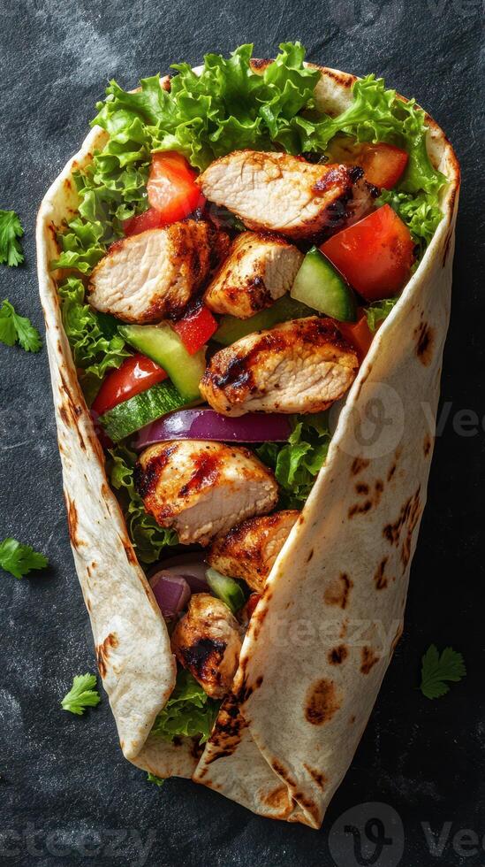 Delicious grilled chicken wrap filled with fresh vegetables and greens prepared on a dark stone surface photo