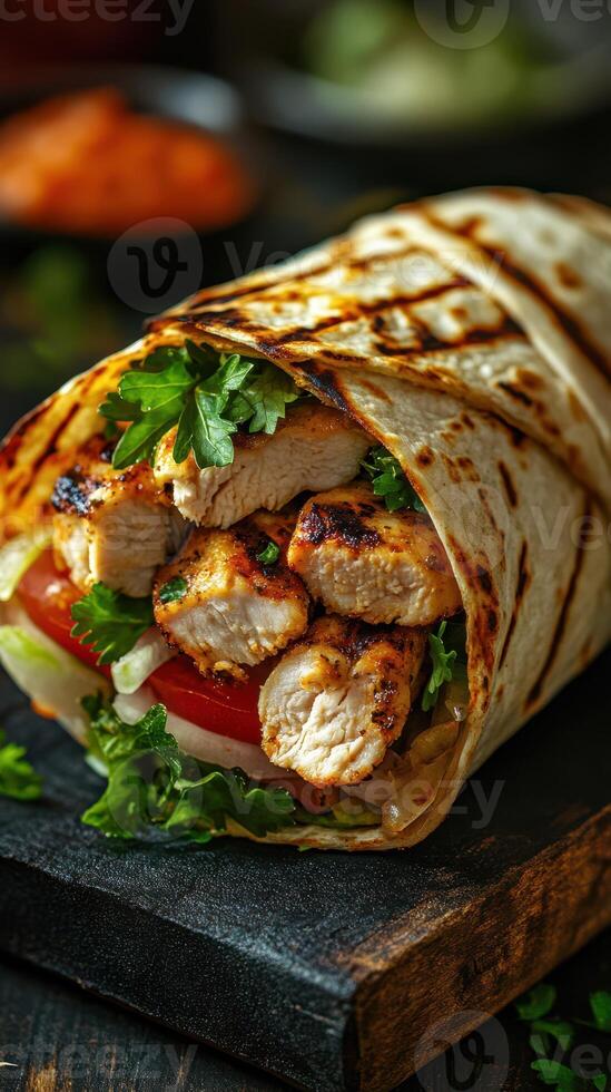 Grilled chicken wrap with fresh vegetables on a wooden cutting board in a rustic setting photo