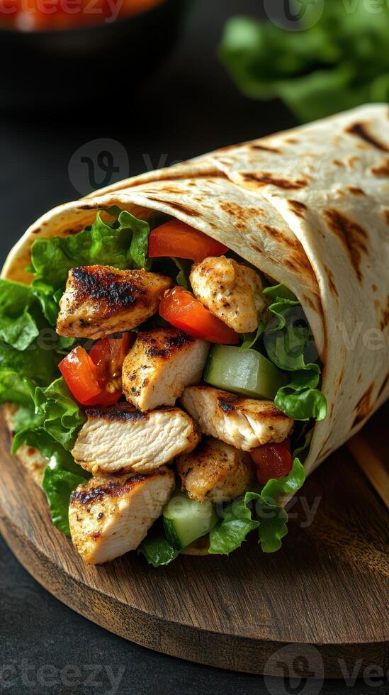 Delicious grilled chicken wrap with fresh vegetables served on a wooden cutting board photo