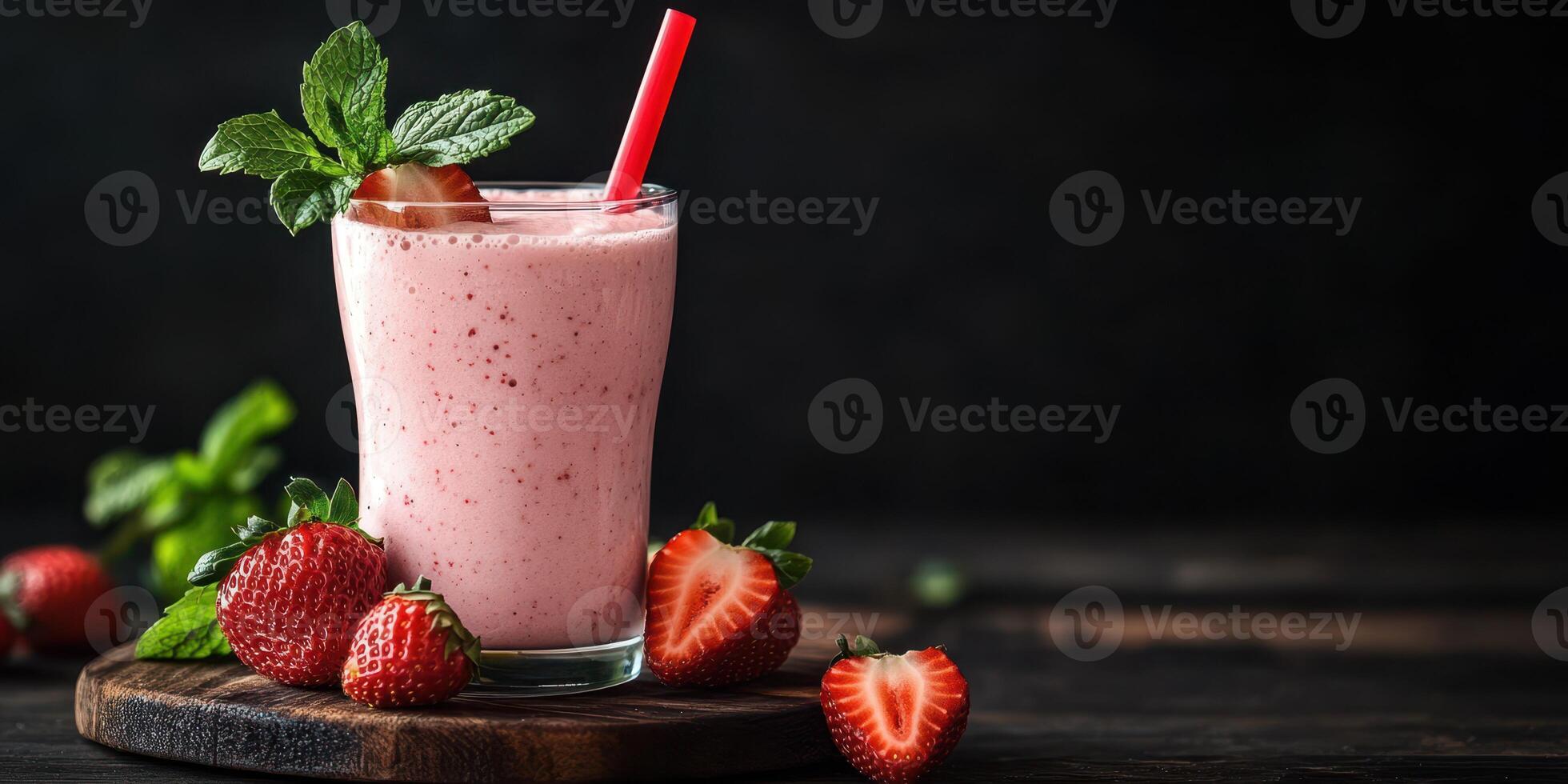 Strawberry smoothie served with fresh berries and mint on a wooden table in a cozy setting photo