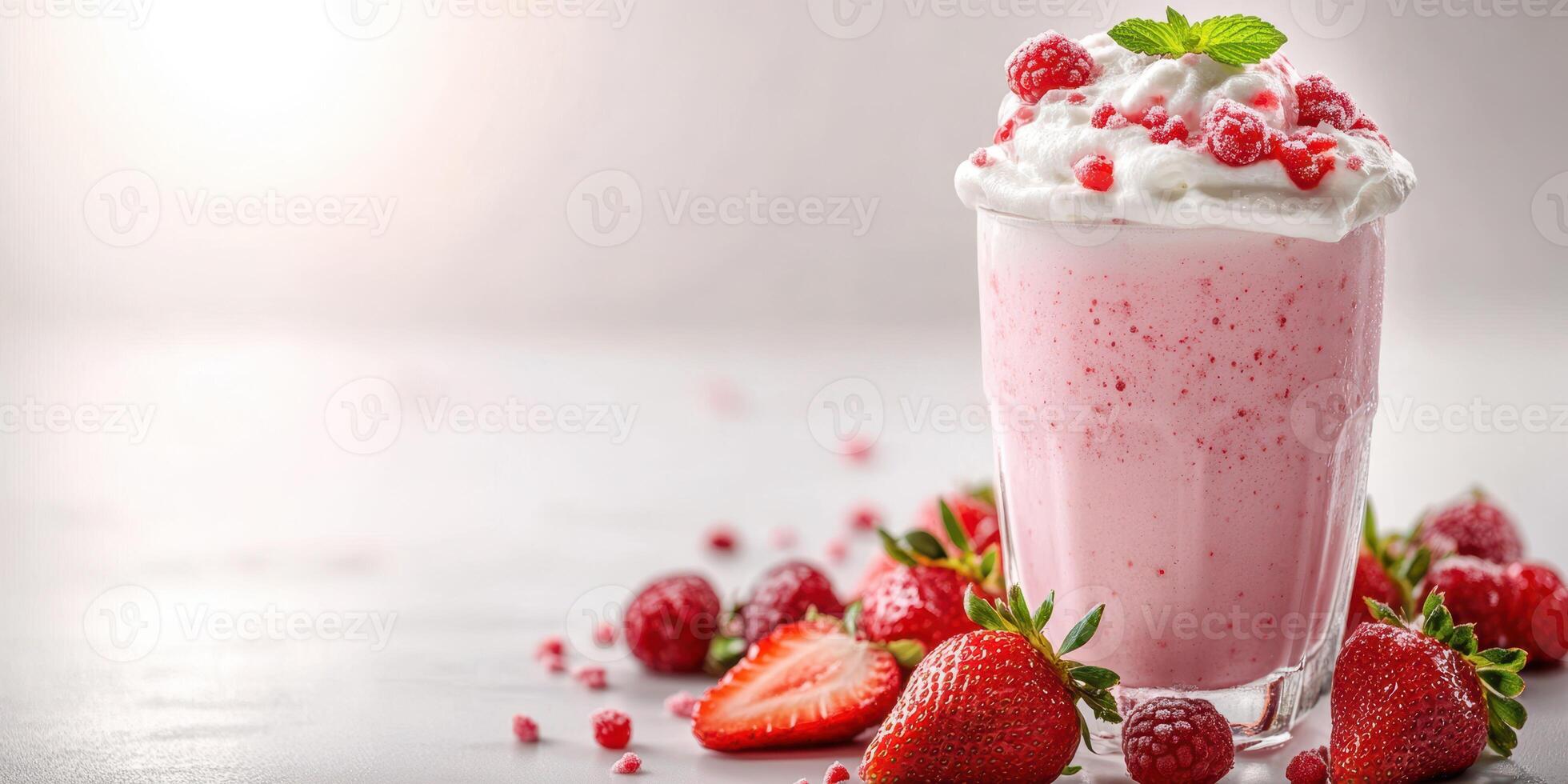 Delicious raspberry shake topped with whipped cream and fresh strawberries arranged on a table photo