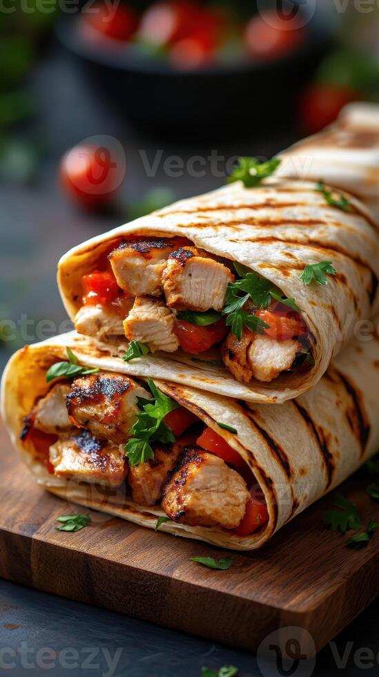 Delicious grilled chicken wraps with fresh vegetables served on a wooden board photo