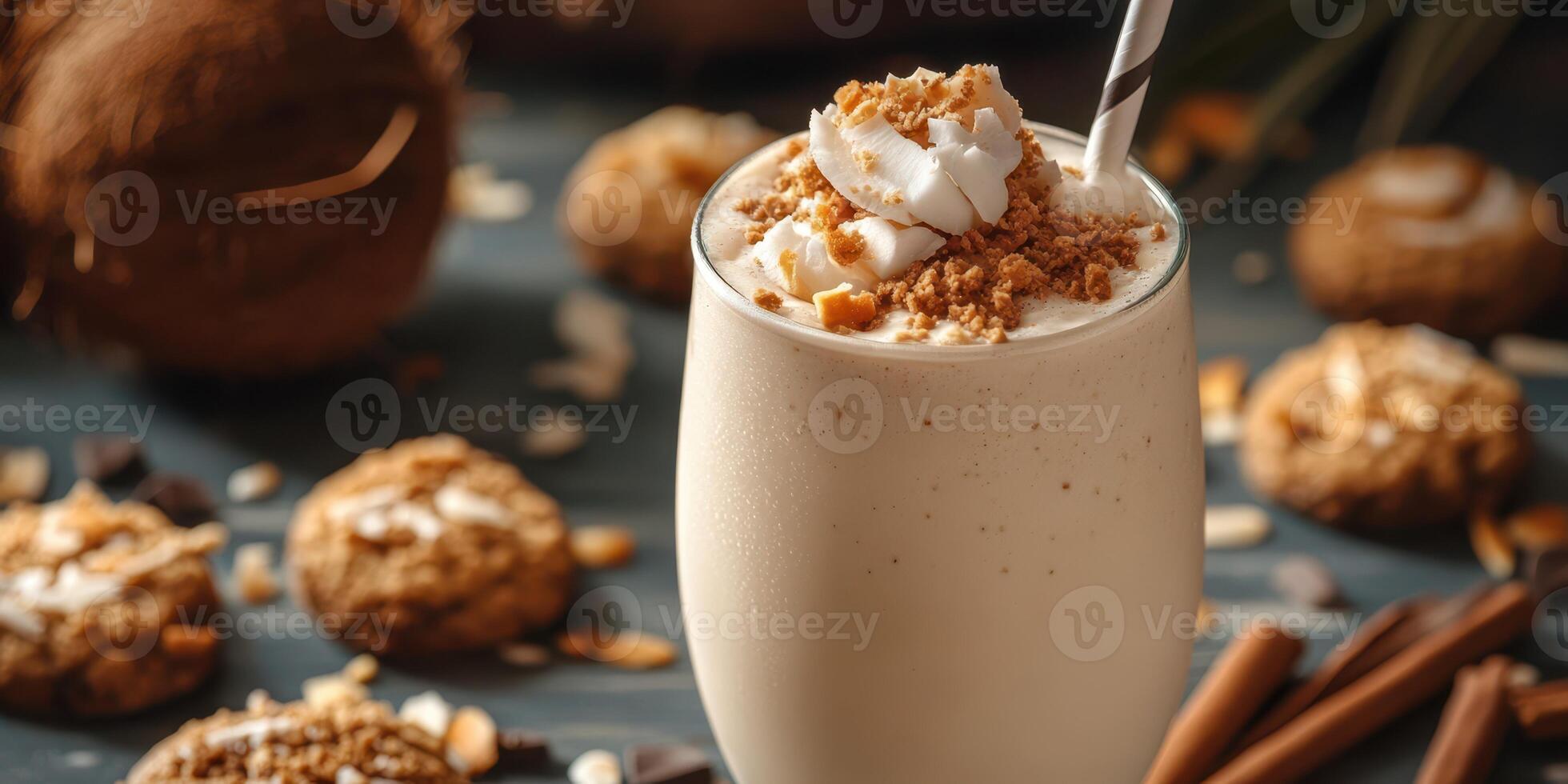 Creamy coconut milkshake topped with whipped cream and cookie crumbles in a cozy dessert setting photo