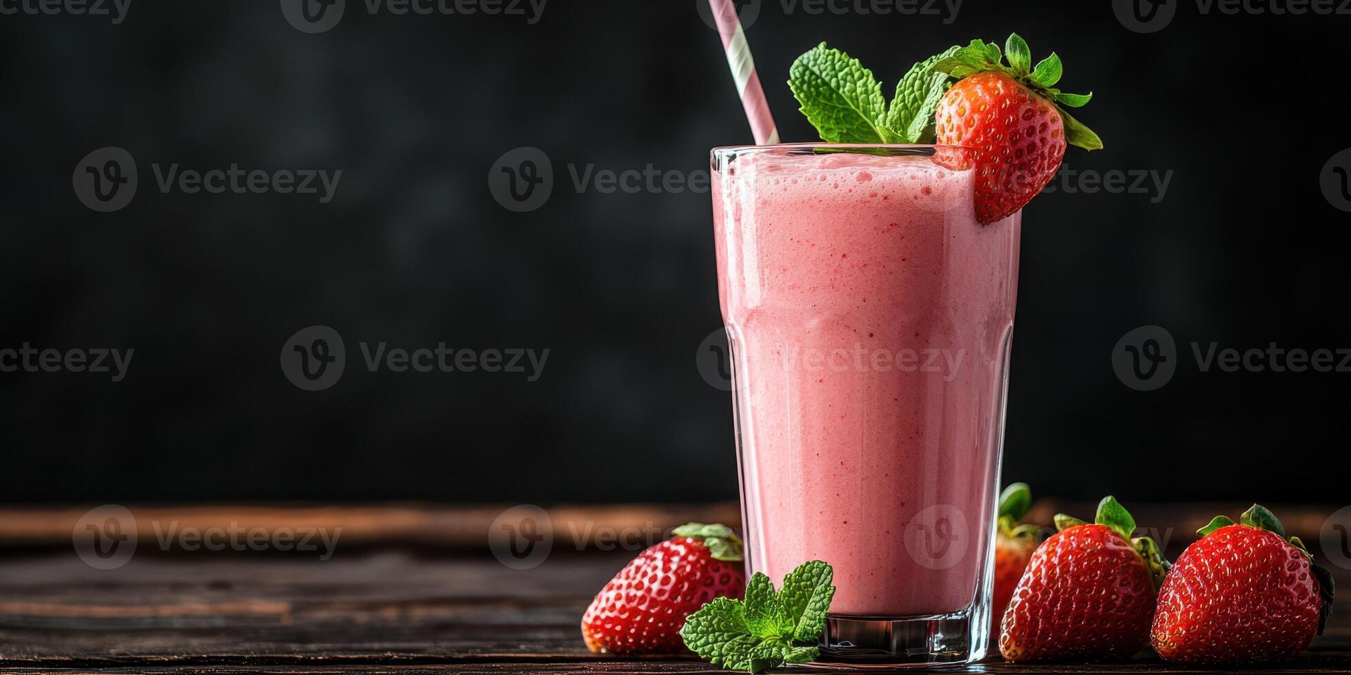 Refreshing strawberry smoothie served in a glass with fresh fruits and mint leaves on a rustic wooden table photo