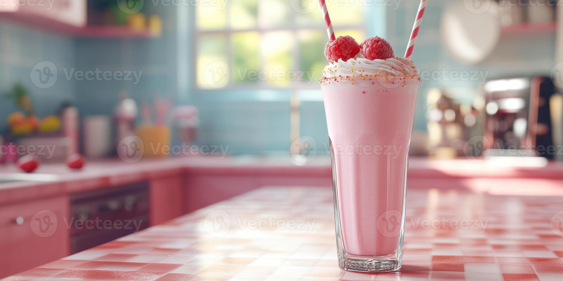 Fresh raspberry milkshake served in a tall glass on a pink checkered countertop in a bright kitchen photo
