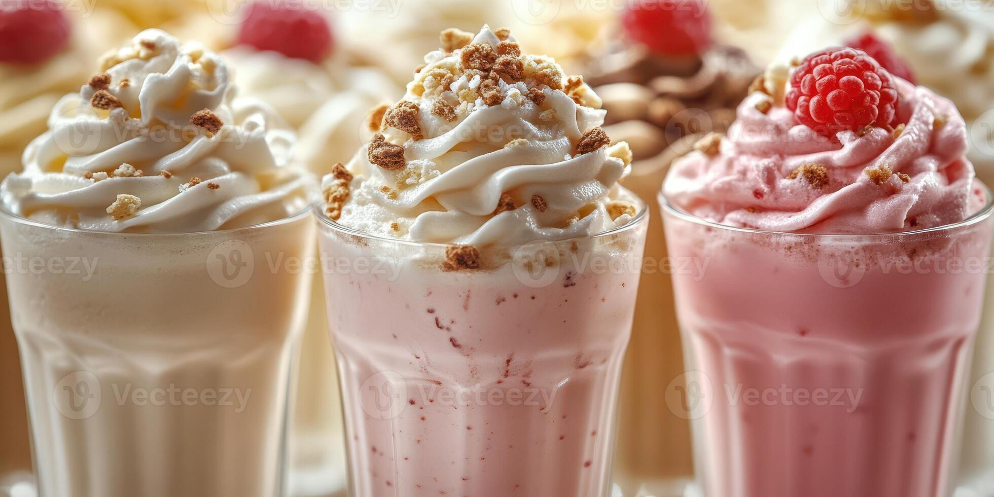 Delicious milkshakes with whipped cream and toppings enjoyed at a dessert cafe during a sunny afternoon photo