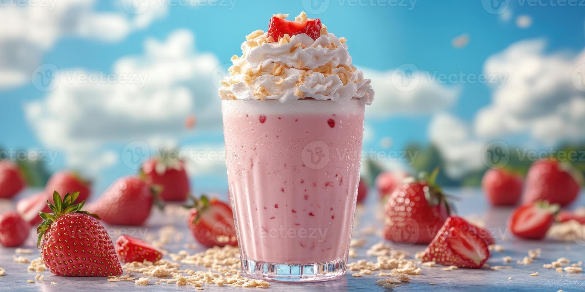 Delicious strawberry milkshake topped with whipped cream and fresh strawberries on a sunny day photo