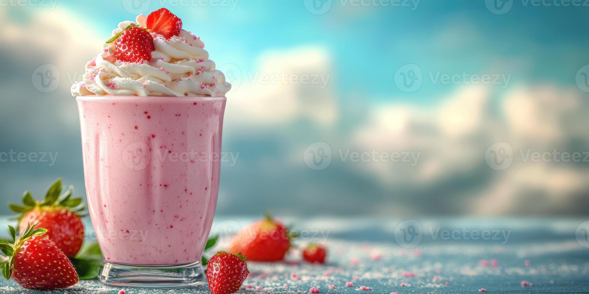 Refreshing strawberry milkshake served with whipped cream and fresh strawberries on a sunny day photo