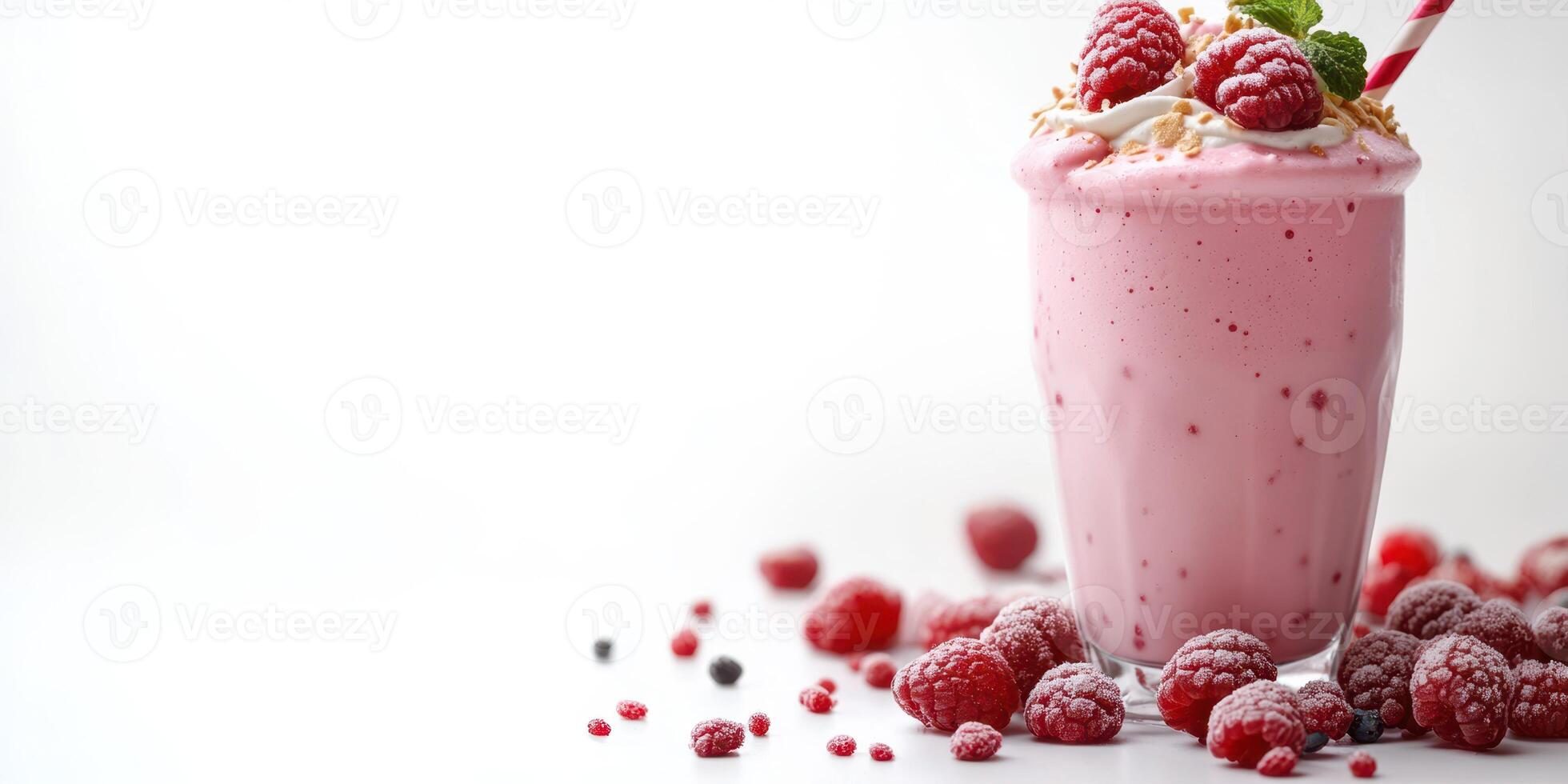 Refreshing raspberry milkshake served in a glass with toppings and fresh berries on a white background photo