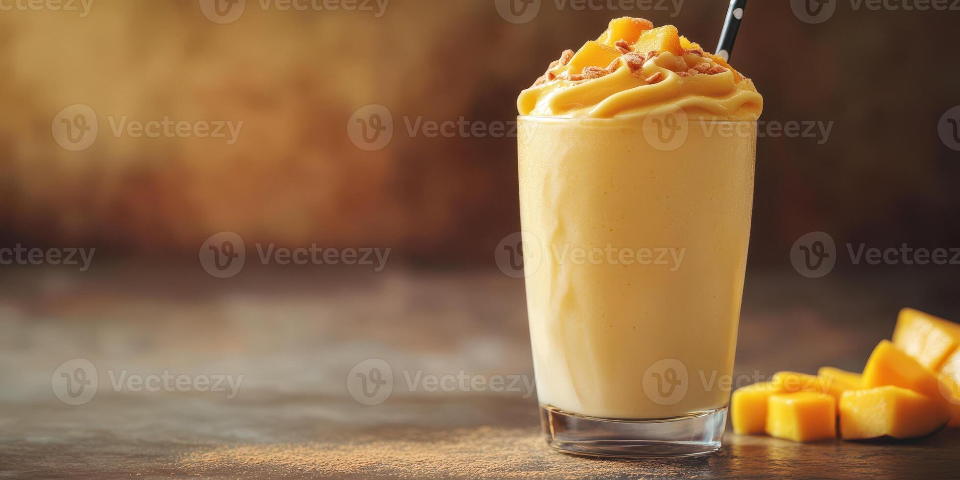 Creamy mango smoothie topped with nuts served in a glass on a wooden table photo