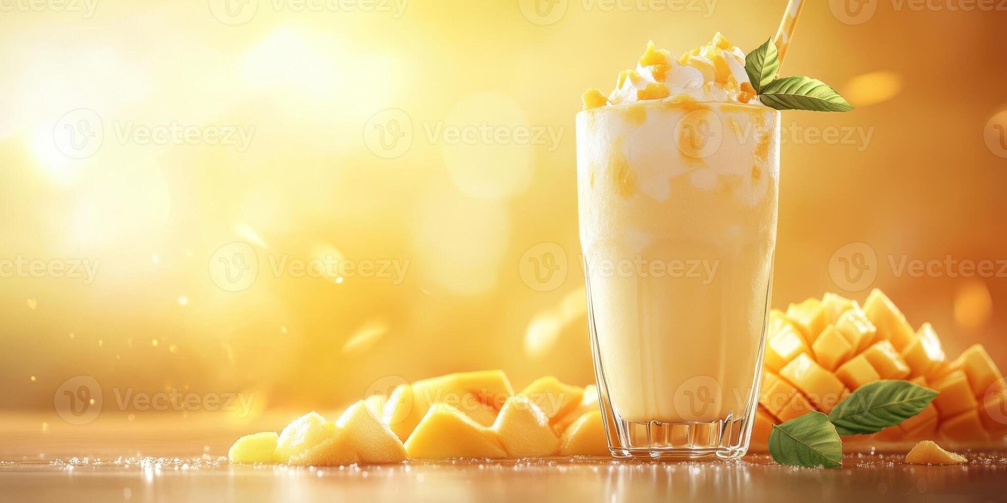 Refreshing mango smoothie served in a glass with fresh mango pieces on a wooden table illuminated by warm light photo