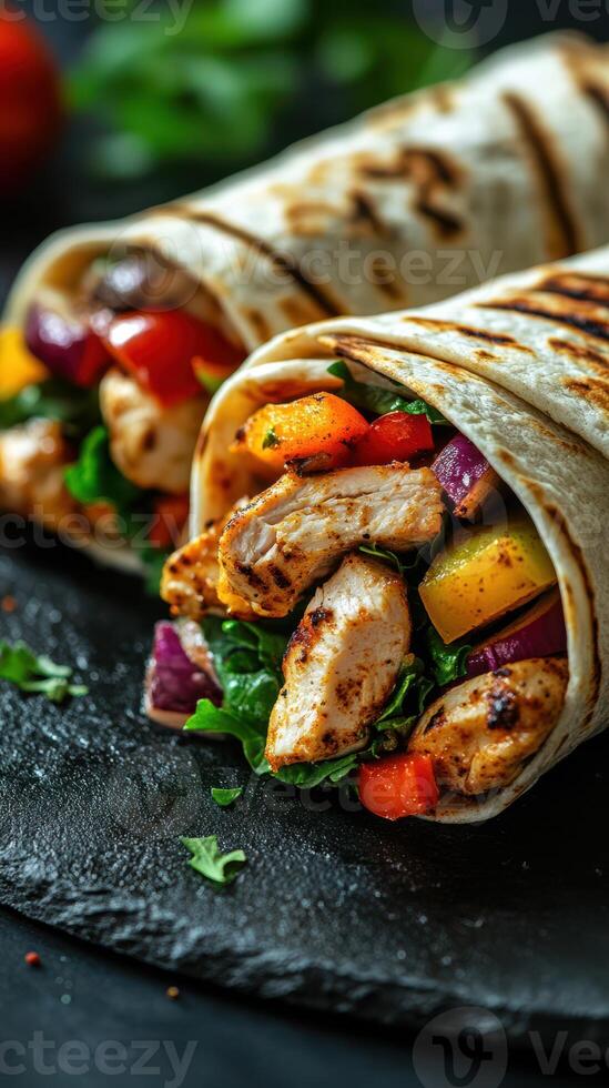 Grilled chicken wraps filled with colorful vegetables served on a black slate platter photo