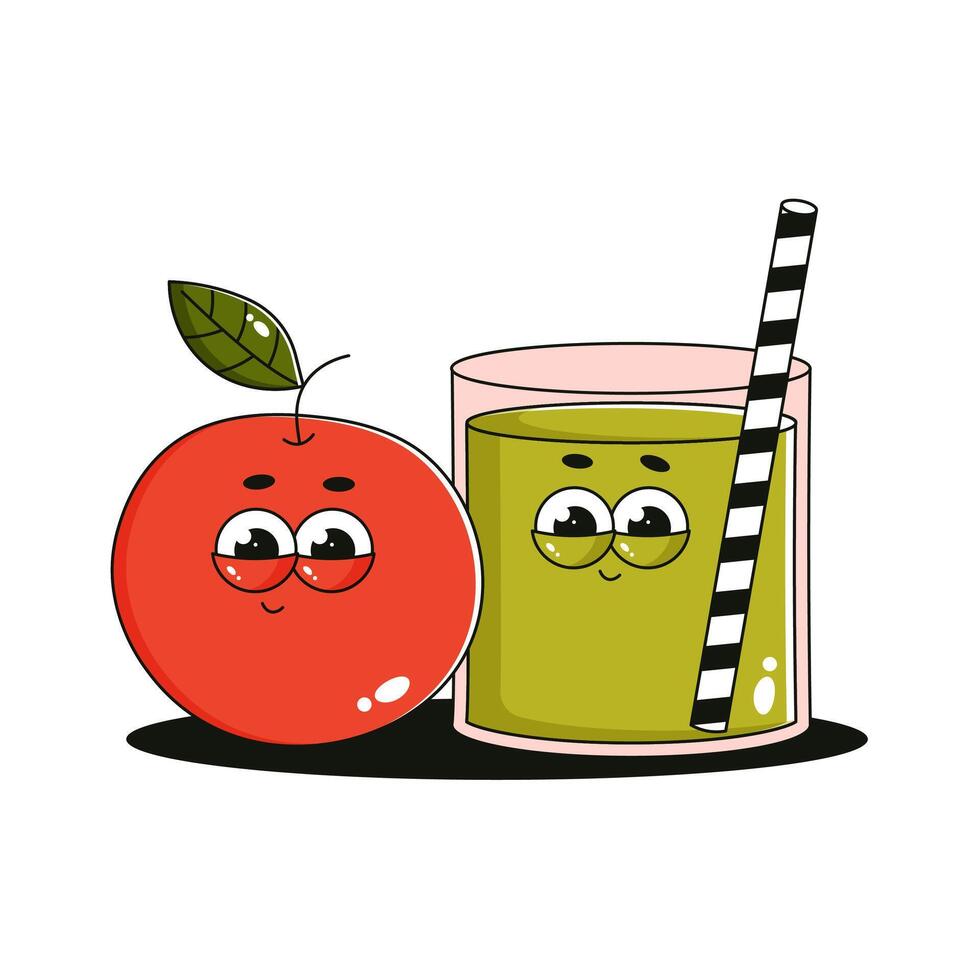 Funky character glass of green juice and red apple. Comic mascot with smile face. Retro groovy fruit and cocktail. Summer isolated illustration vector