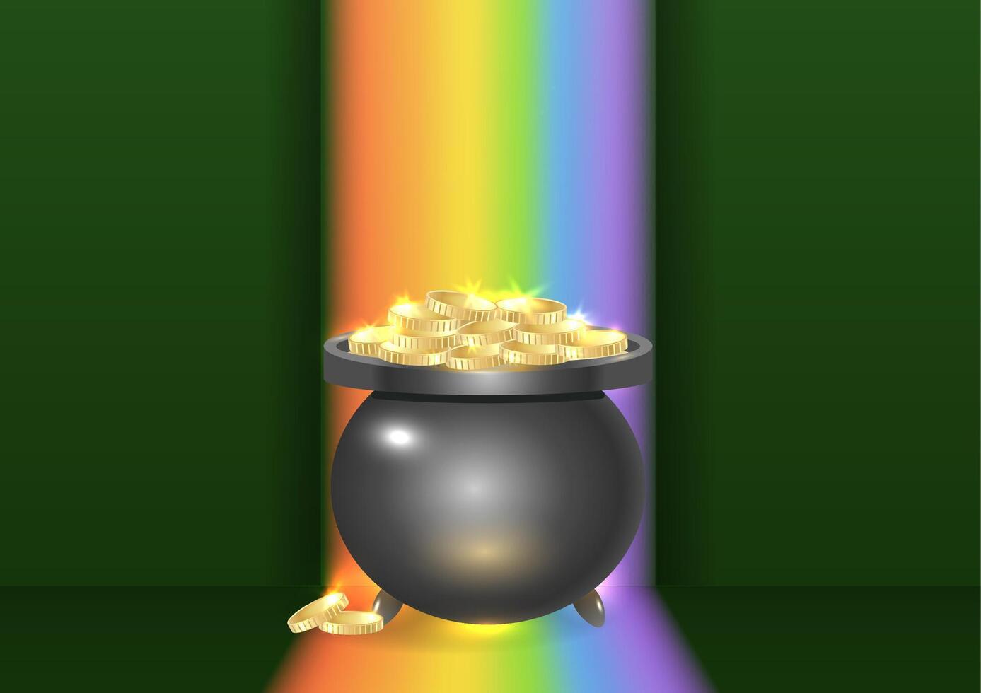 Horizontal background Happy Saint Patricks day with cauldron, gold coins, rainbow on dark green background. illustration vector