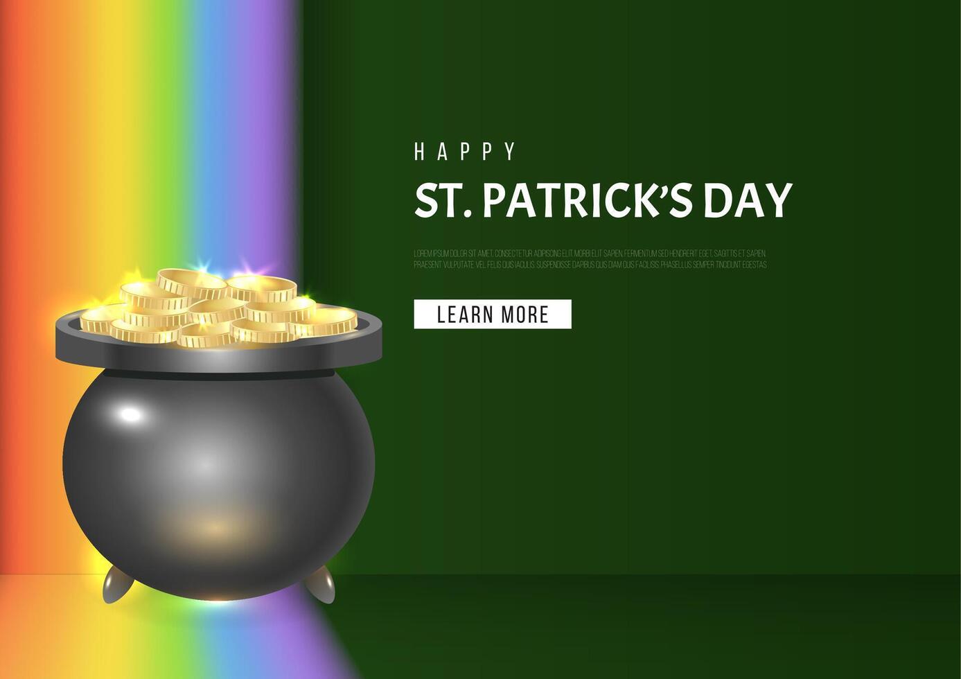 Horizontal background Happy St Patricks day with cauldron, golden coins, rainbow on dark green background. illustration for website vector