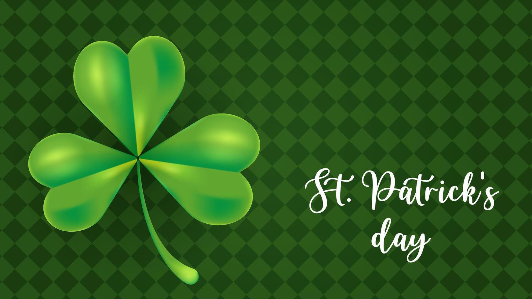 Saint Patricks day greeting card design. Leaf shamrock on green celtic pattern and background. Illustration. Spring holiday concept vector