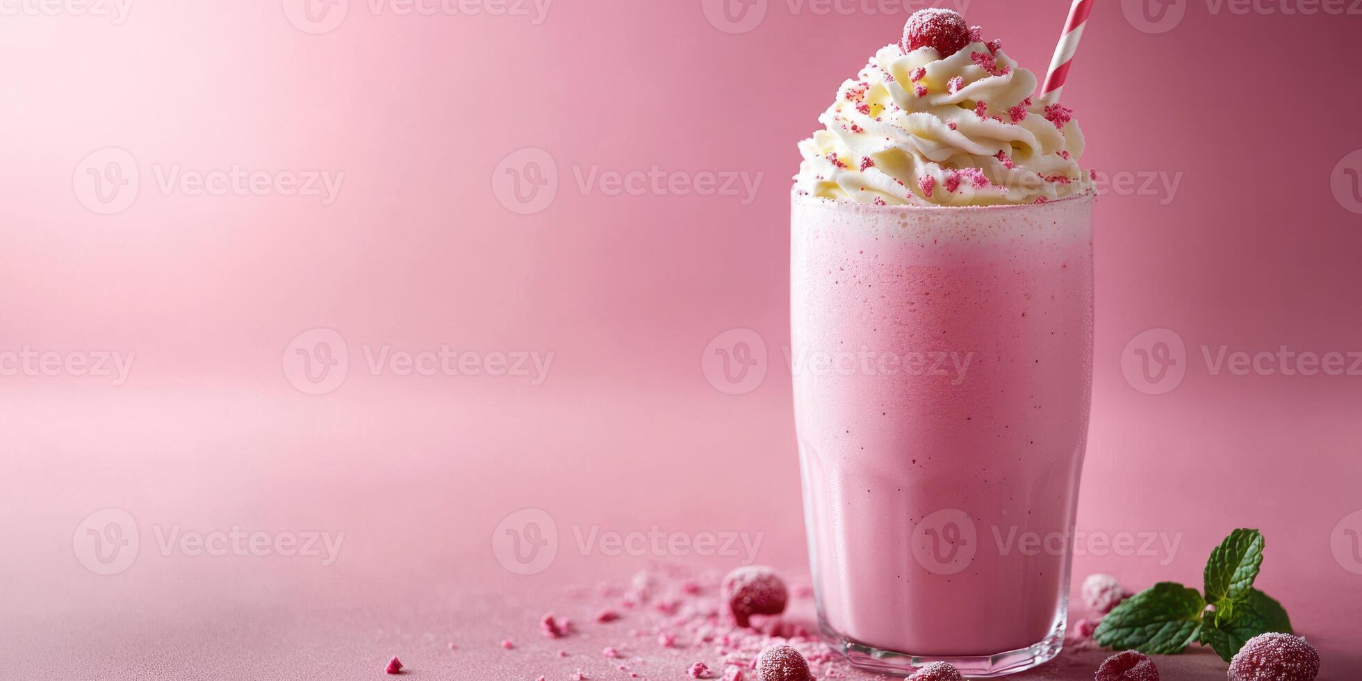 Refreshing raspberry milkshake topped with whipped cream and garnished with fresh raspberries in a pastel setting photo