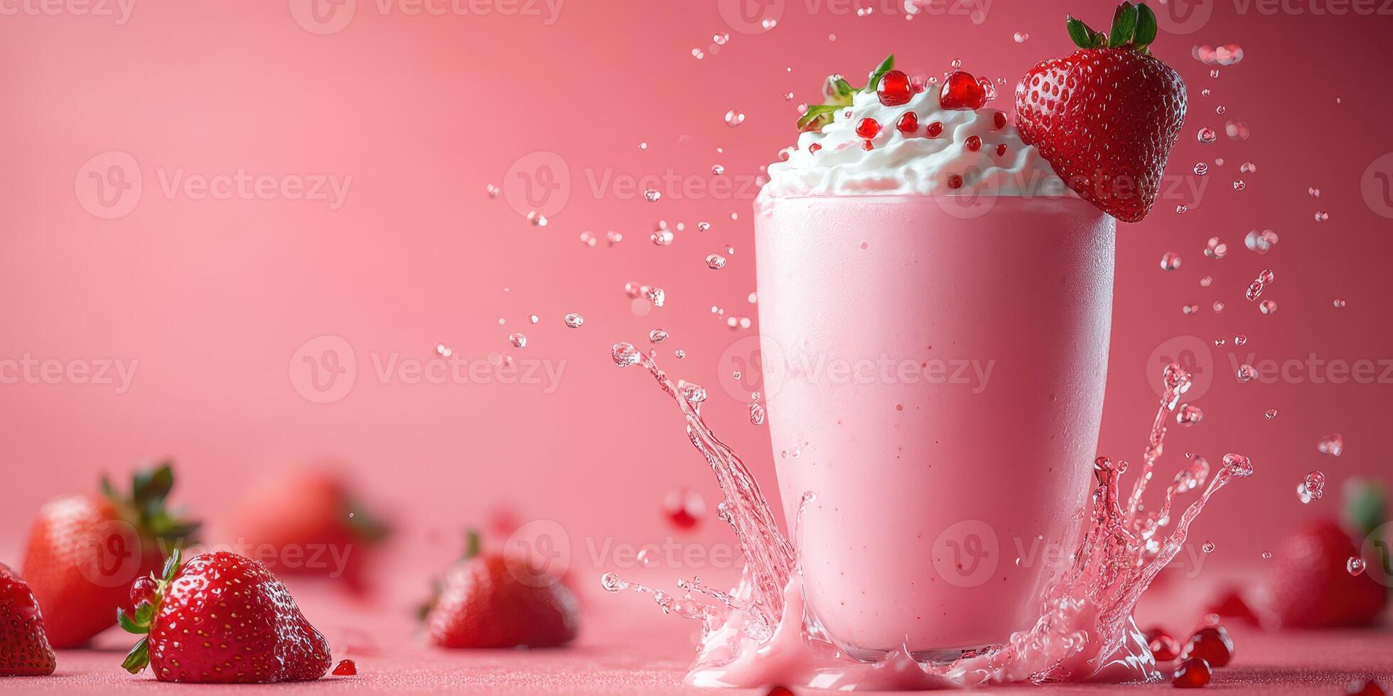 Delicious strawberry milkshake with whipped cream and fresh strawberries on a pink background photo